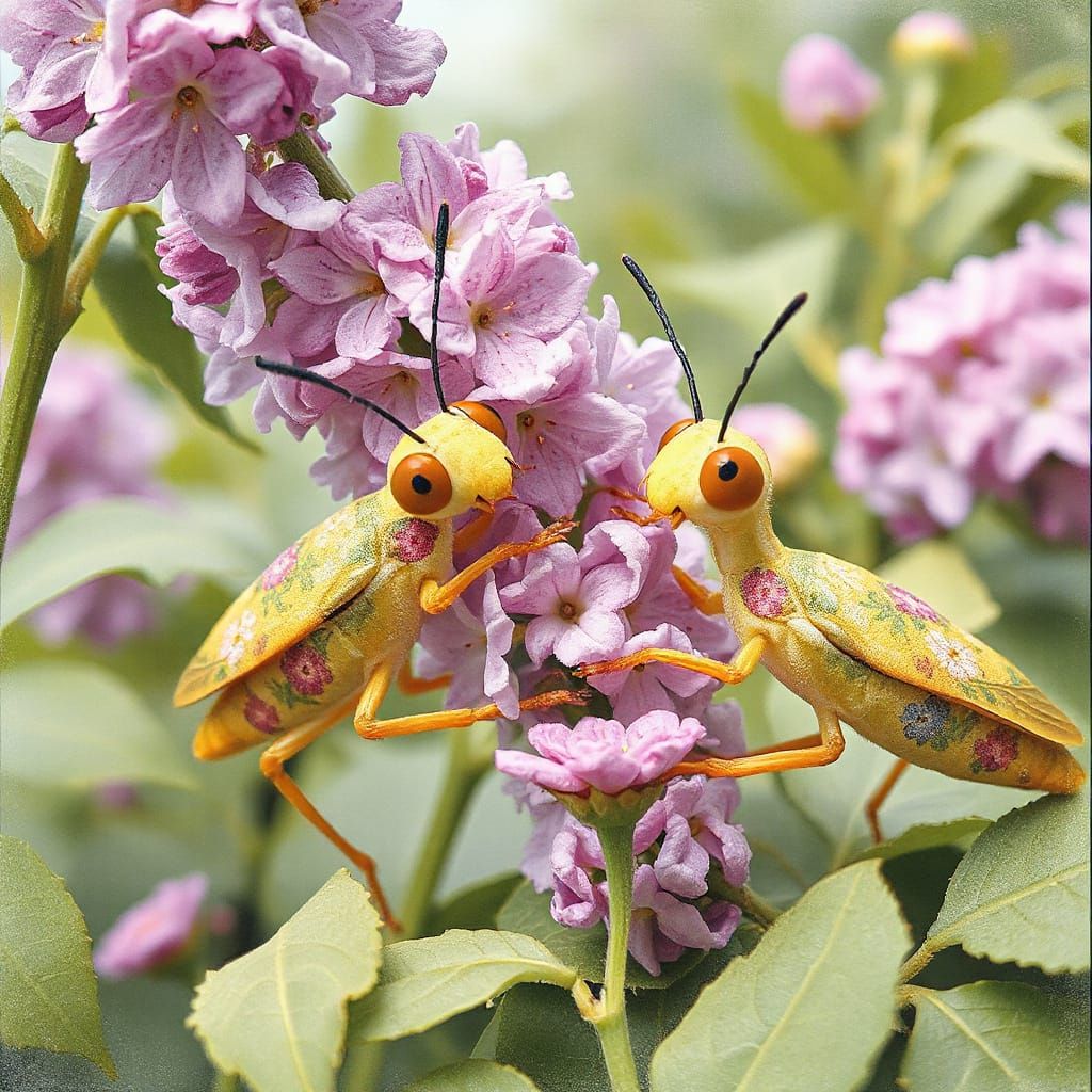 Floral Crickets Tend Lilacs in Dreamy Garden