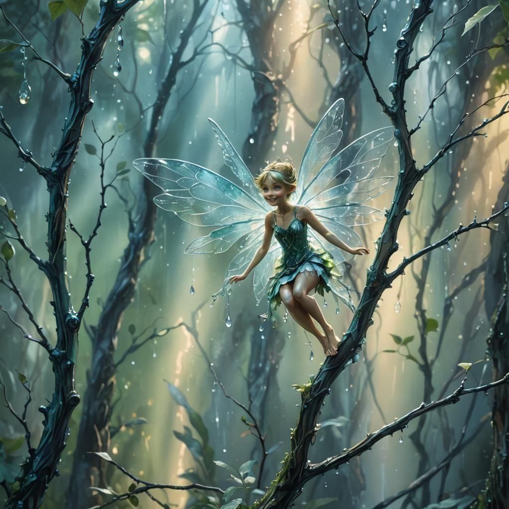 Hyper realistic tiny fairy smiling Tinkerbelle, on a branch,...