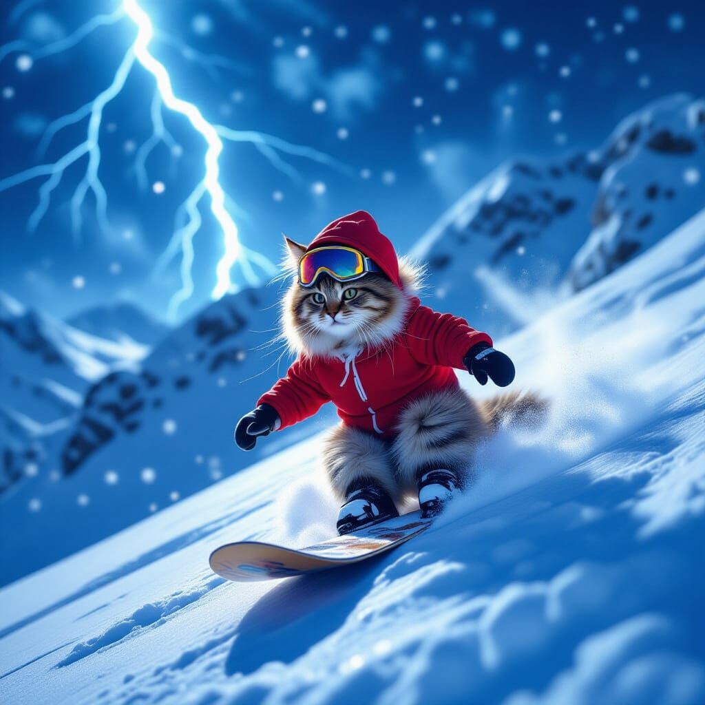 Snowboarding Cat in Electric Storm: Digital Painting
