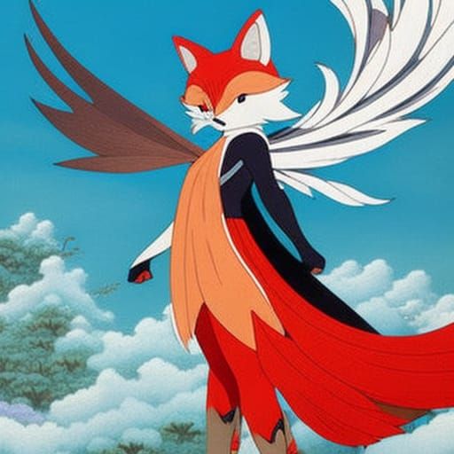 Kitsune Superhero with Flower Fairies, Ghibli Style