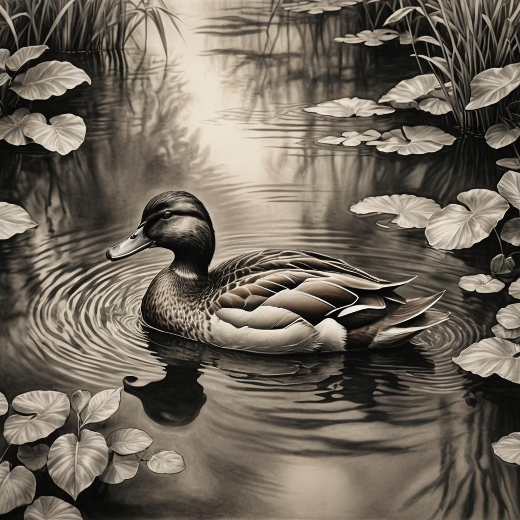 Detailed Charcoal Drawing of a Duck on Pond