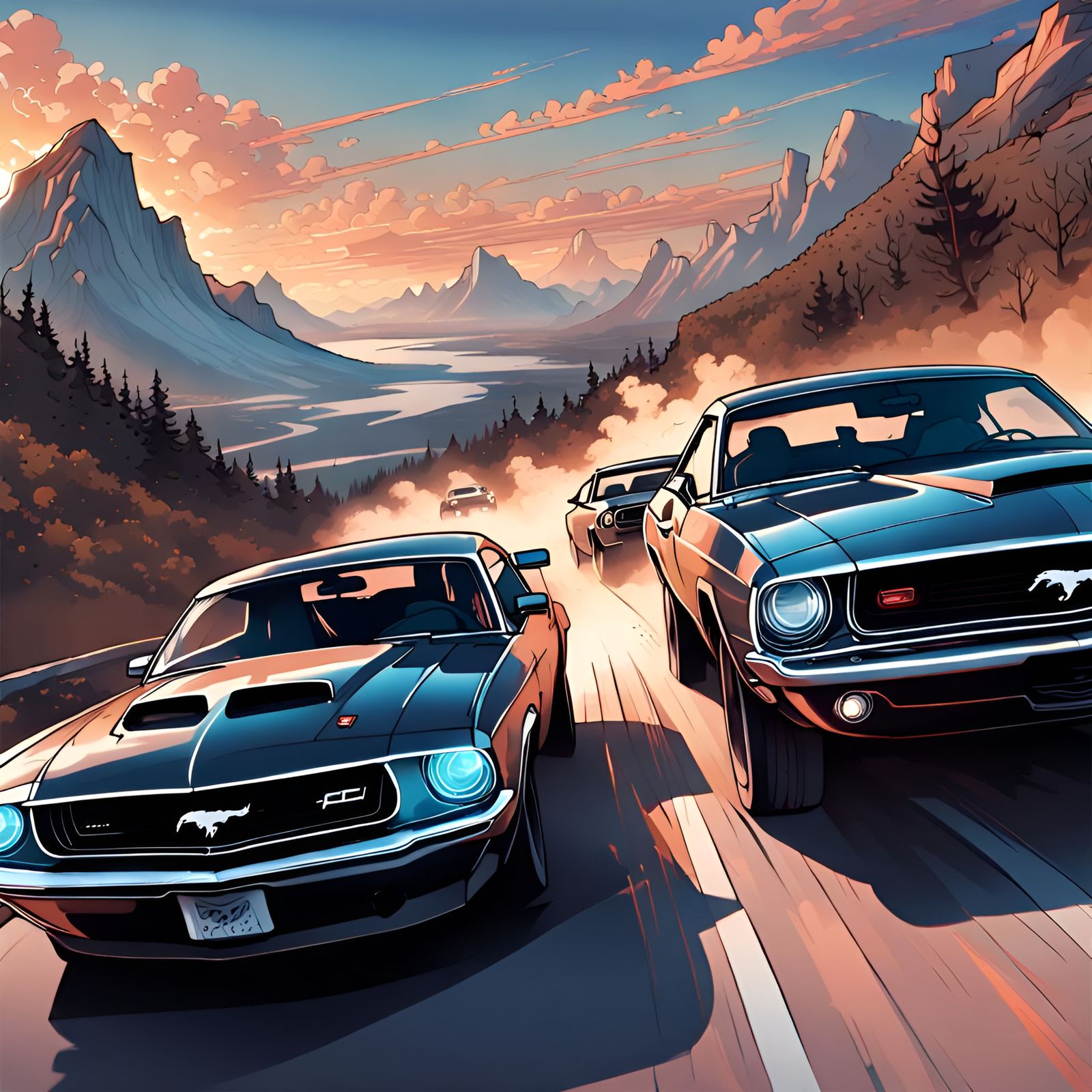 Dynamic Car Chase Line Art Illustration