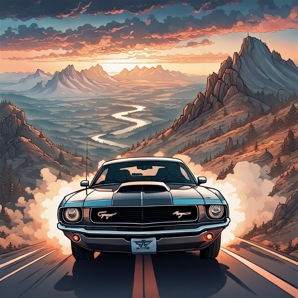 Car Chase Line Art in Art Nouveau Style