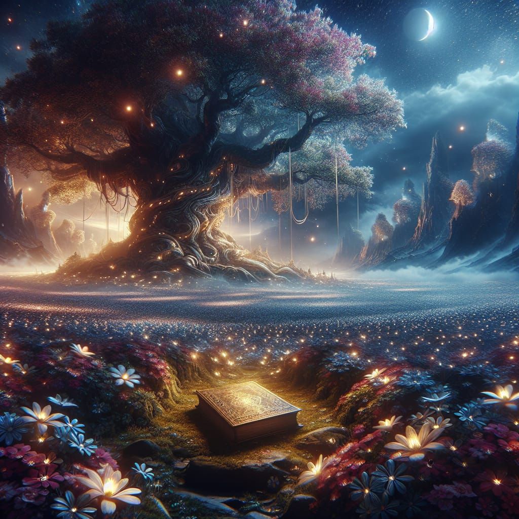 Moonlit Tree of Life: A Sacred Geometry Scene