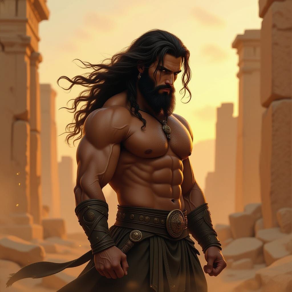 Epic Fantasy Illustration of Samson in Golden Hour