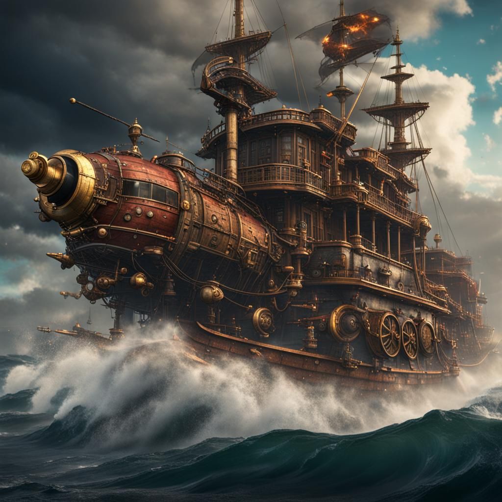 Steampunk Galleon Helicopter Amidst Stormy Skies