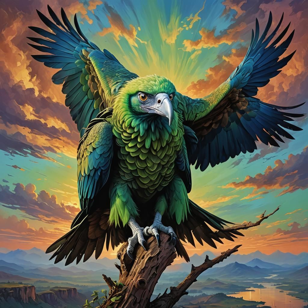 Green Vulture with Blue Eyes in Modern Art Style