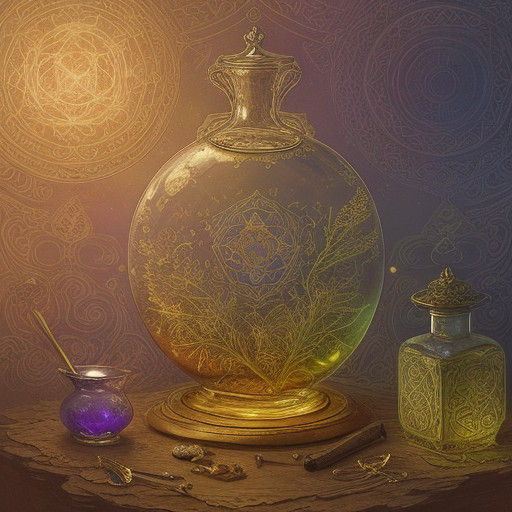 Whimsical Fantasy Scene with Glowing Elixir and Ancient Tome...