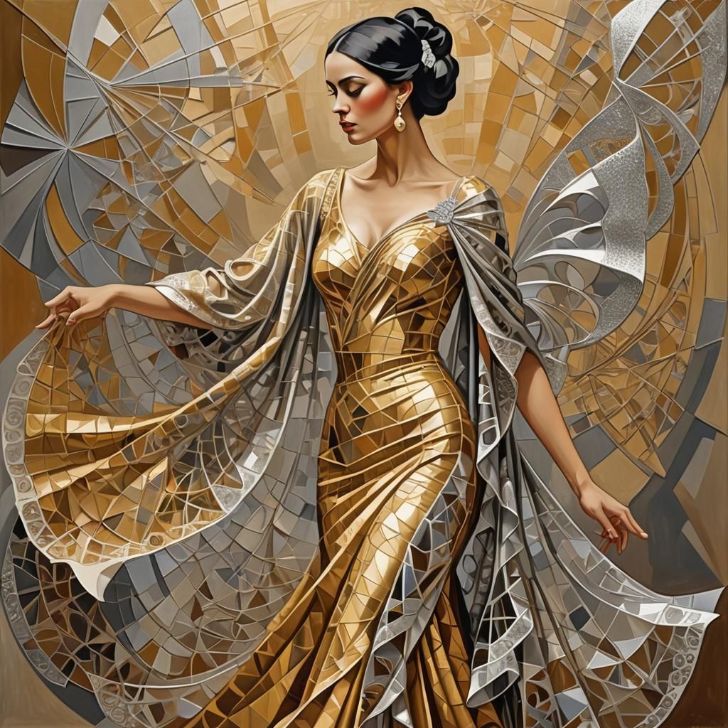 Flamenco Dancer in Gold Dress, Cubist Abstract