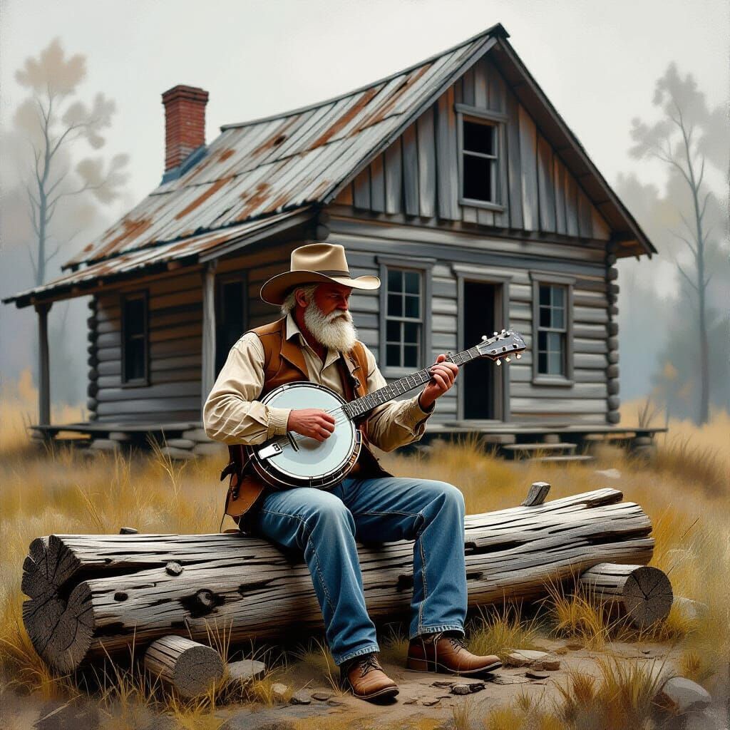 Banjo Player Before Log Cabin in Folk Tale Style