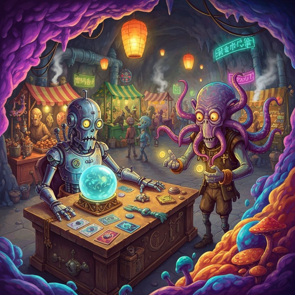 Robot Fortune Teller in Alien Market, Fantasy Illustration