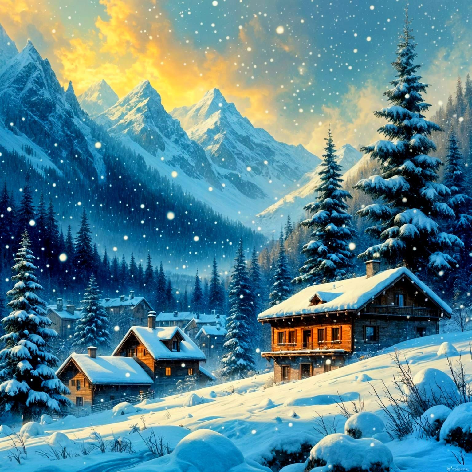 Stunning Swiss Winter Landscape in Gouache Style