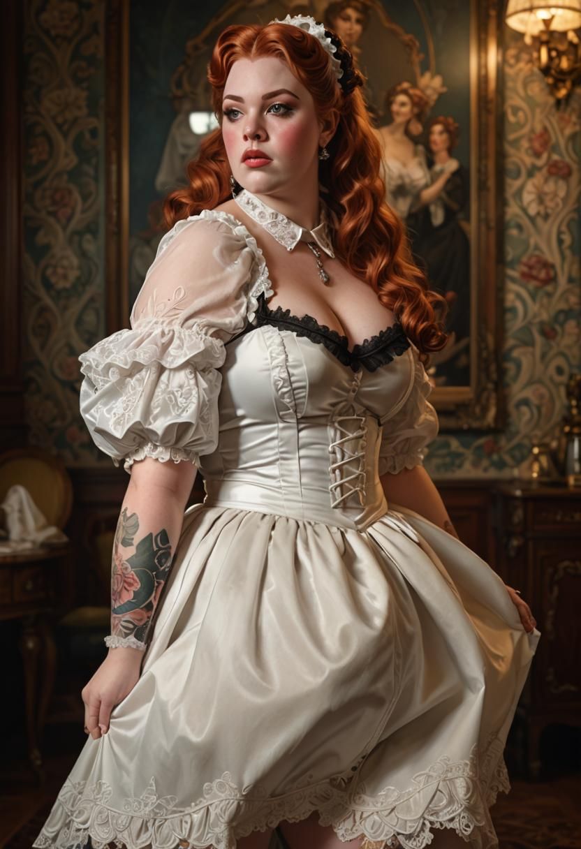 Lush Portrait of Woman as French Maid, Art Nouveau Style