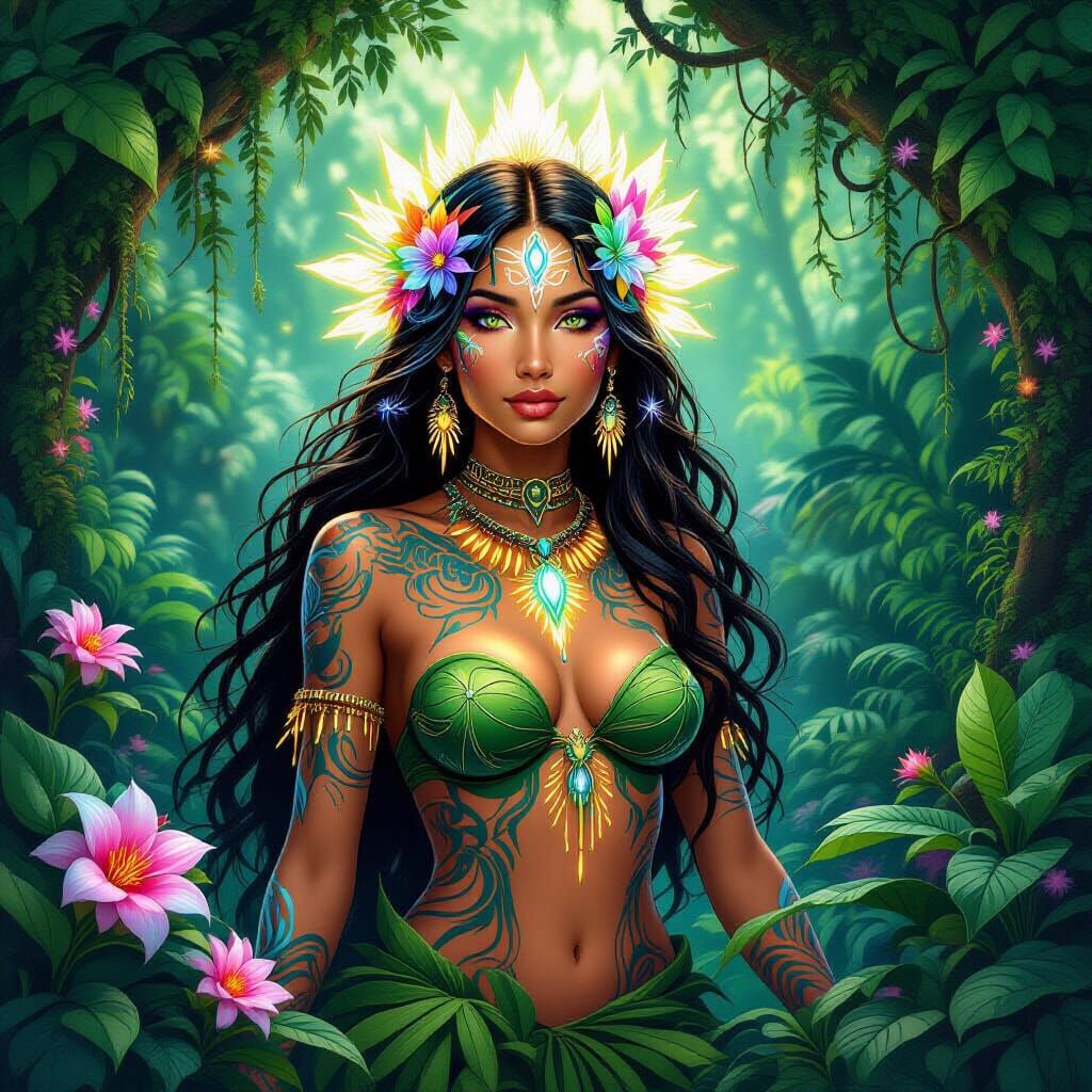 Goddess with Glowing Tattoos in Bioluminescent Jungle