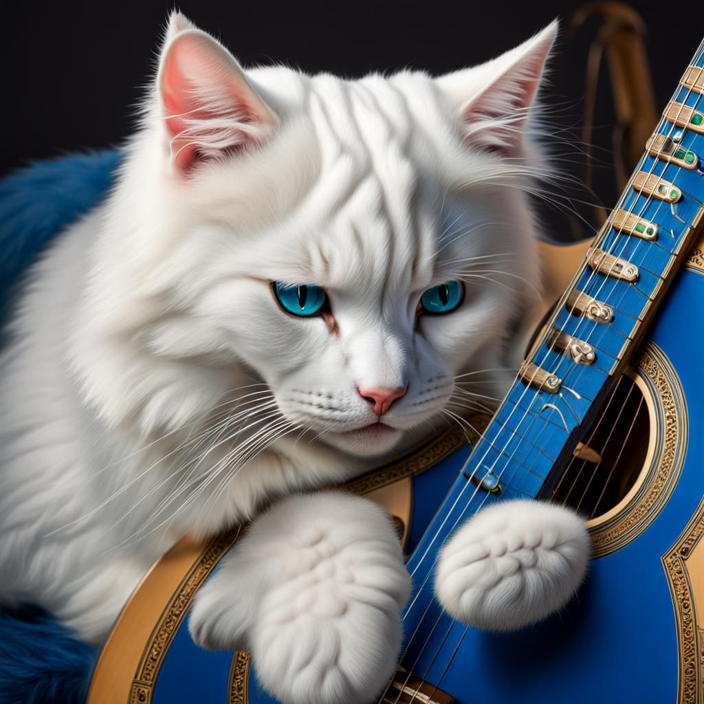 Hyperrealistic White Cat Plays Blue Guitar