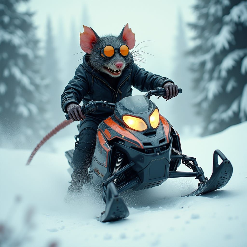 Biomechanical Beast Rides Futuristic Snowmobile Through Bliz...
