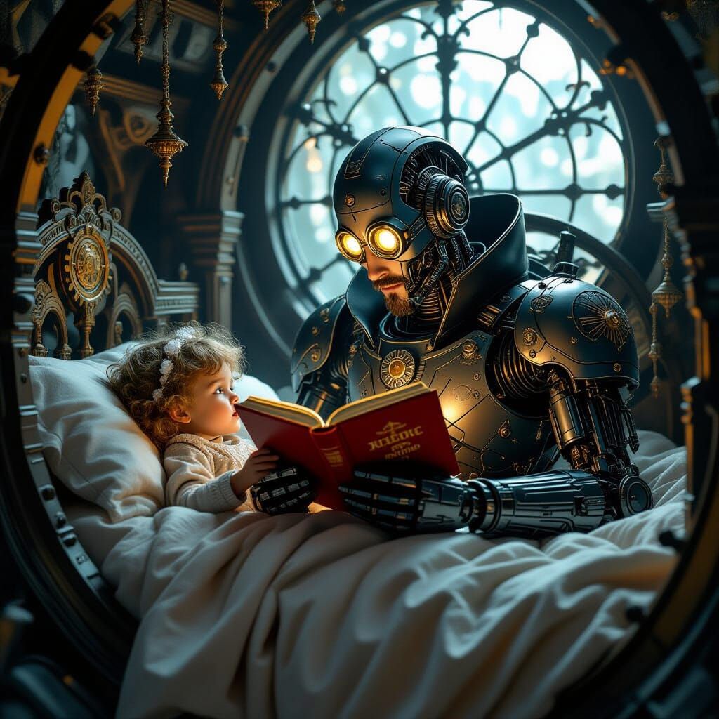 Gothic Cyborg Dad Reading Steampunk Bedtime Story