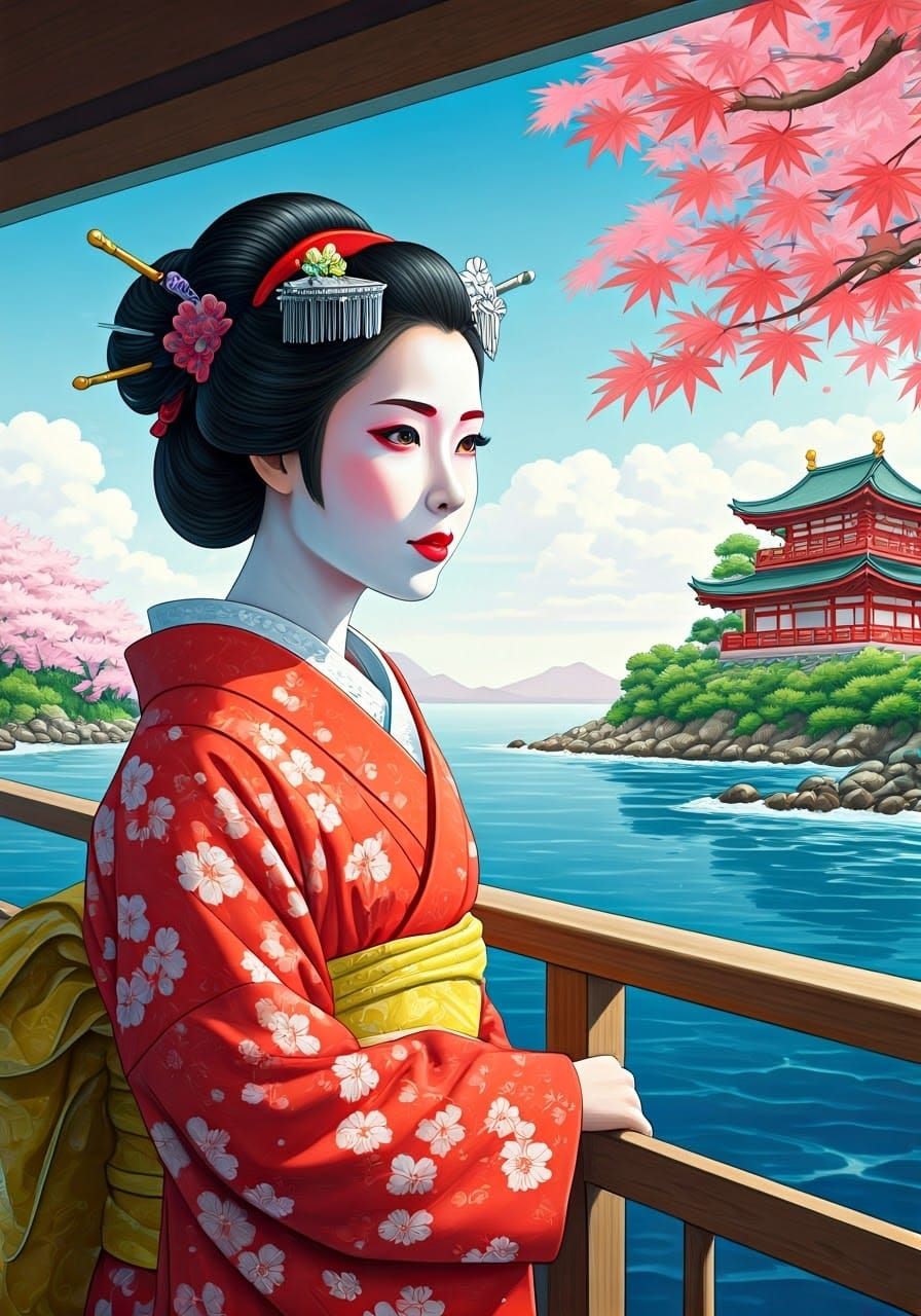 Japanese Geisha Rides Ferry Under Cherry Blossoms