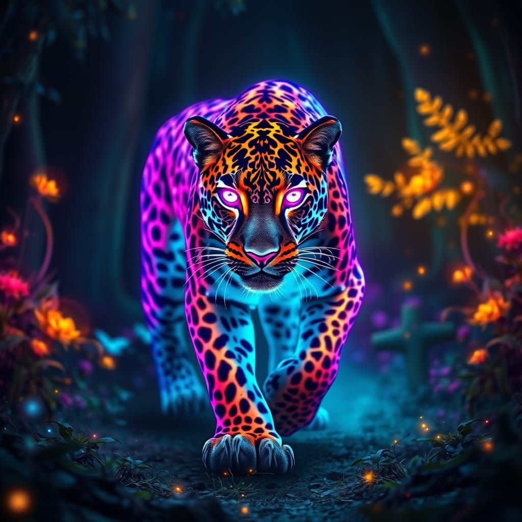 Neon Leopard in Mystical Forest: Fantasy Art