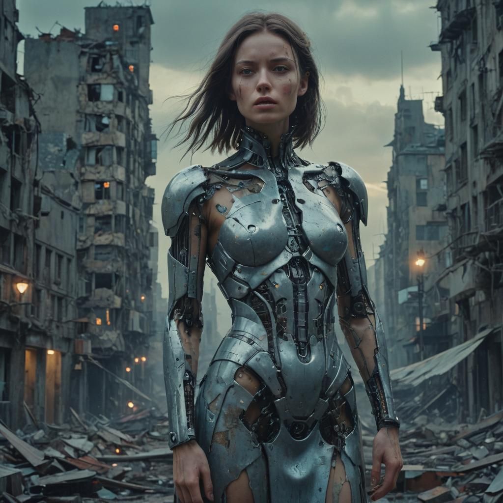 Emotional Cyborg Girl in Surrealist Cityscape