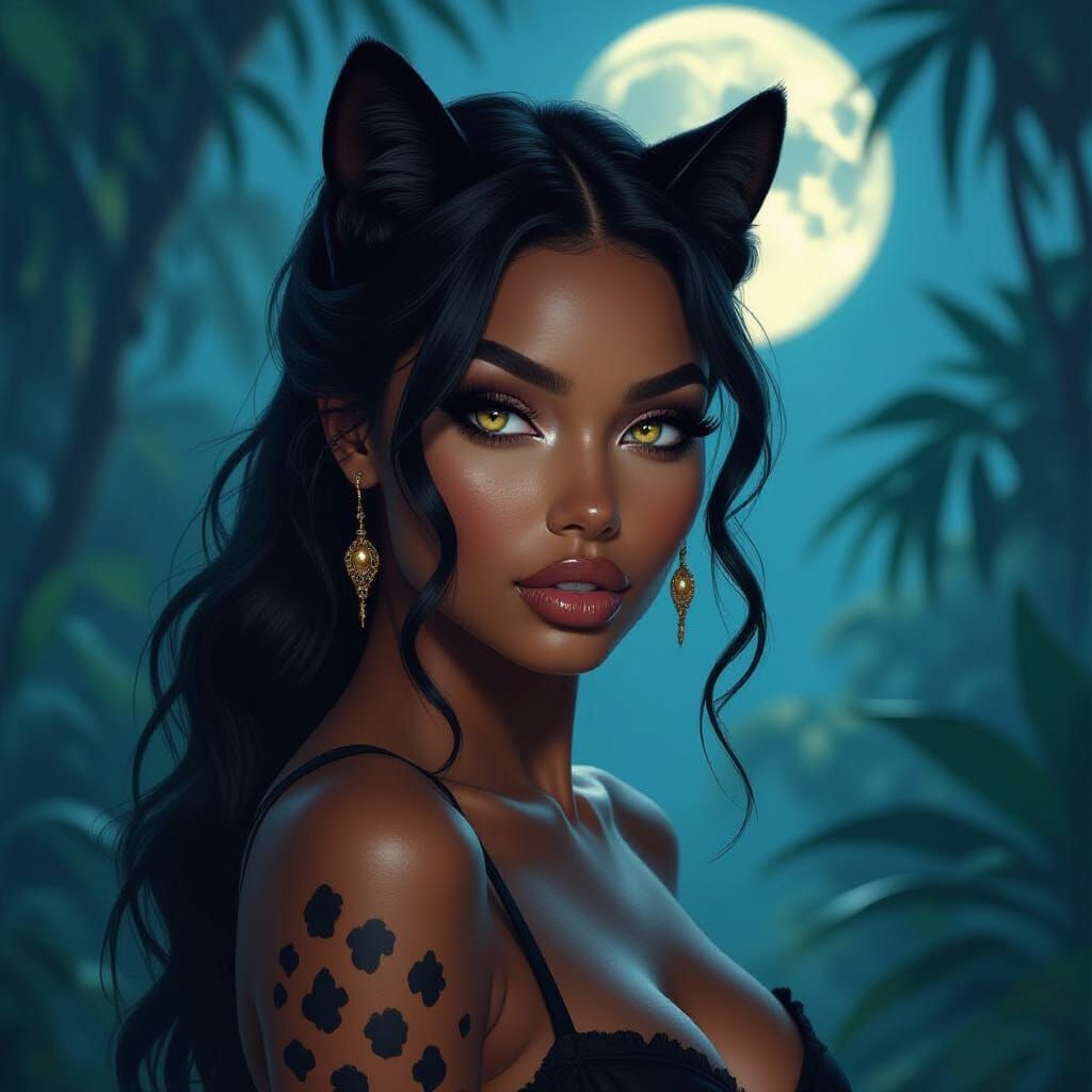 Black Woman with Feline Features in Moonlit Jungle