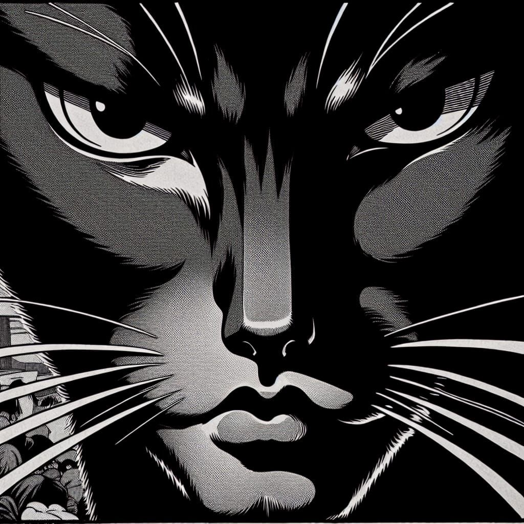 Fierce Black Cat Portrait in Traditional Japanese Manga Styl...