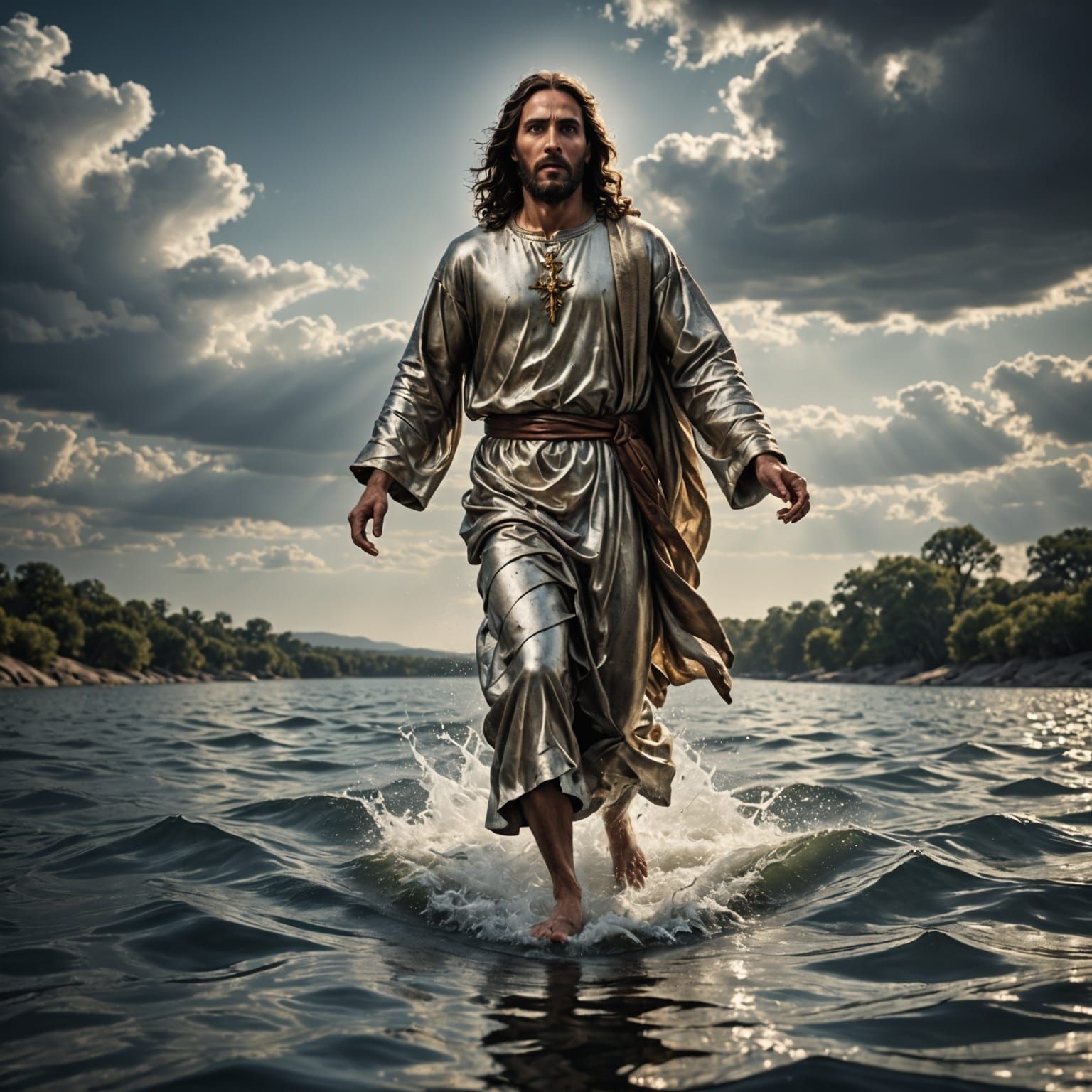 Hyperrealistic Jesus Walking on Water in Cinematic HDR