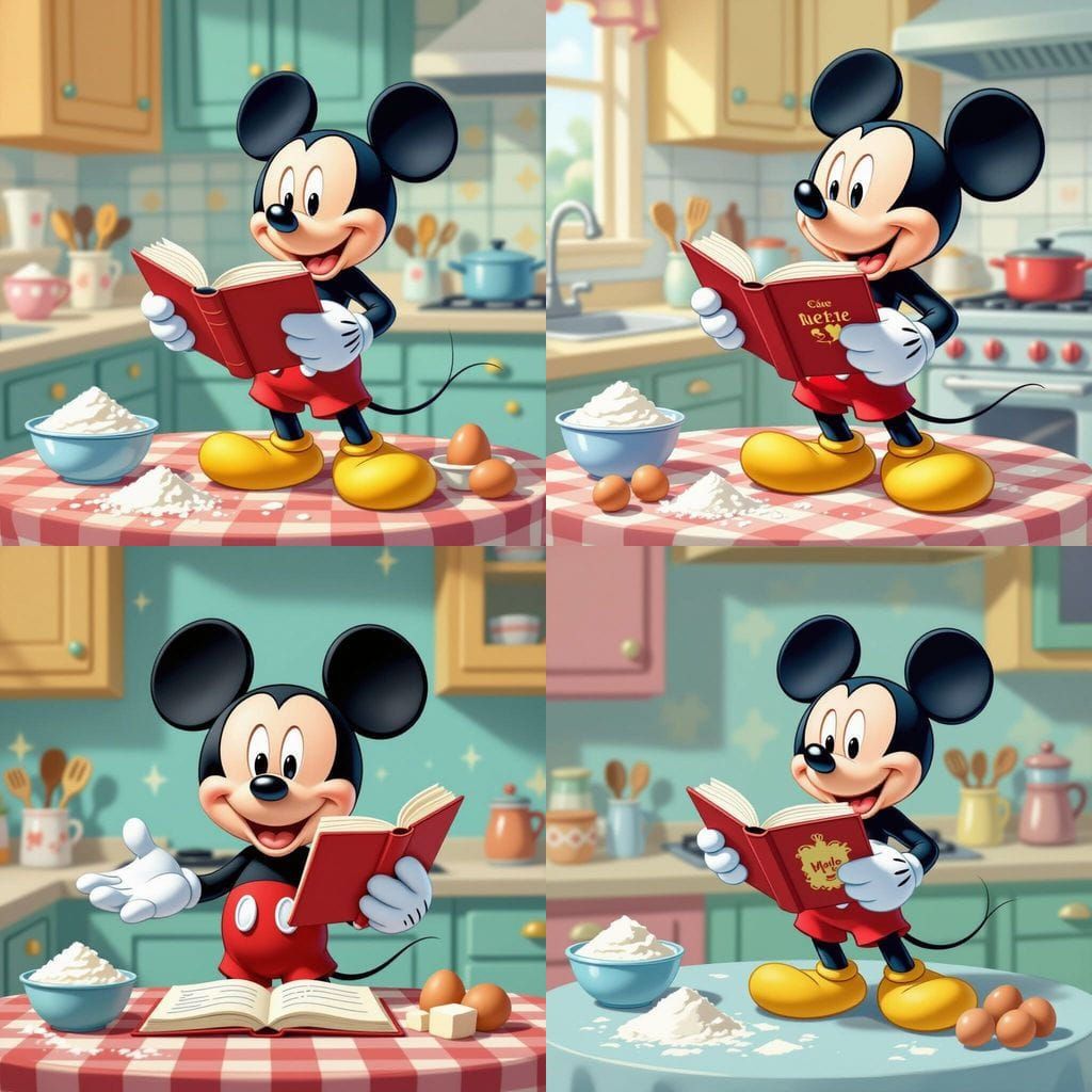 Mickey Mouse Plans Cake in Bright Kitchen