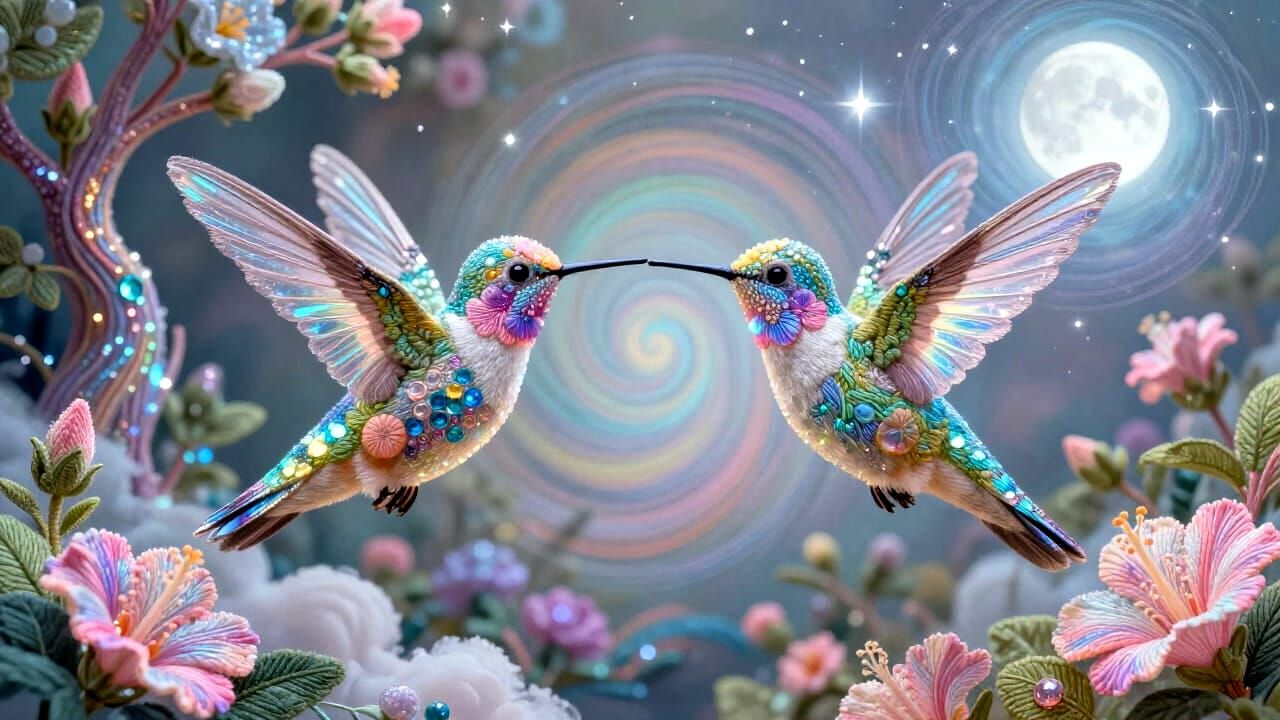 Hummingbirds with Floral Bodies and Crystalline Wings