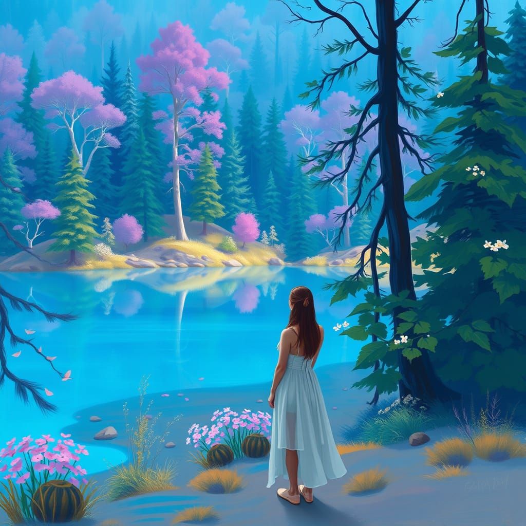 Woman by a Colorful Lake: Whimsical Digital Art
