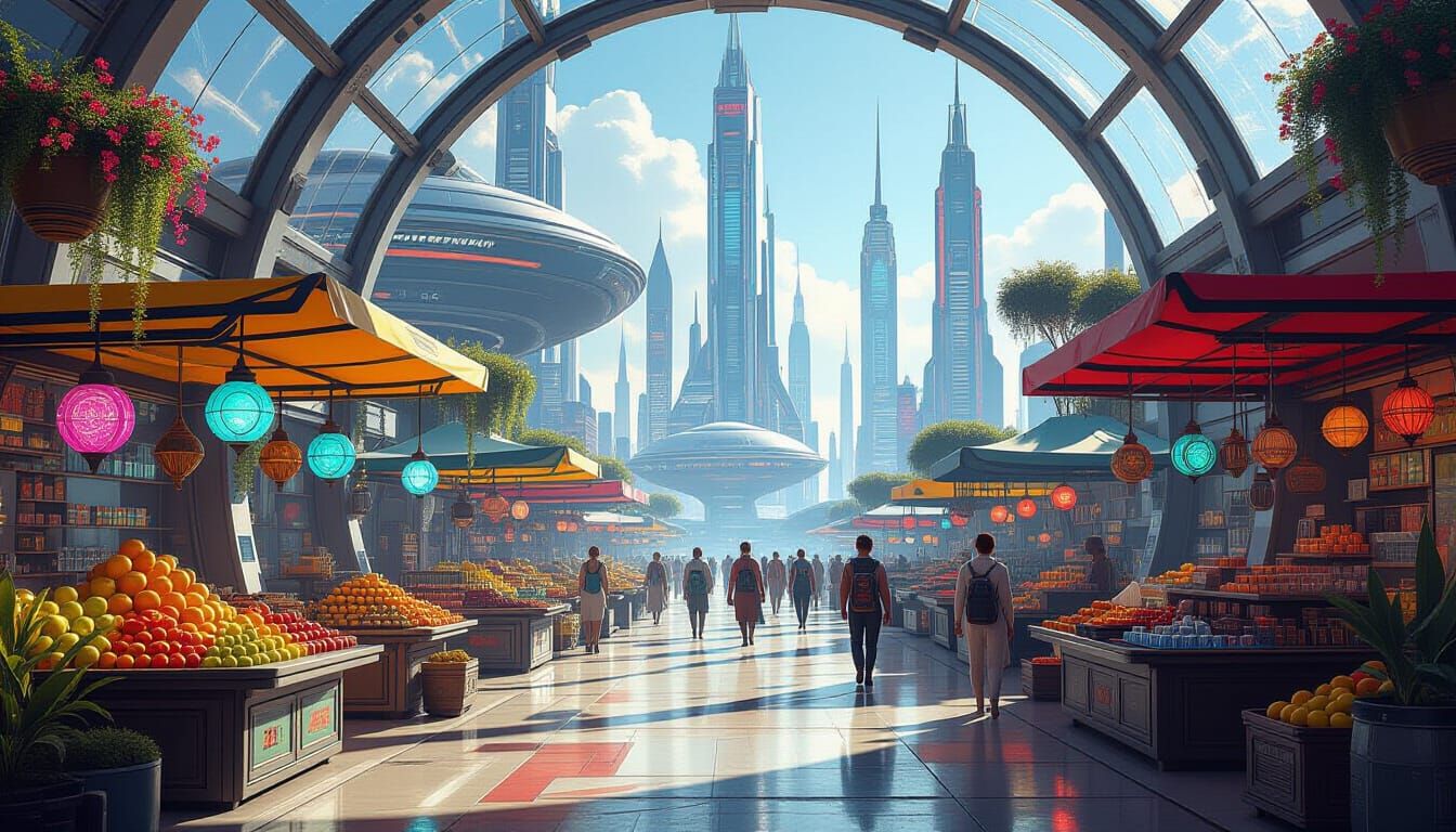 Martian Bioluminescent Bazaar in Optimistic Sci-Fi Style