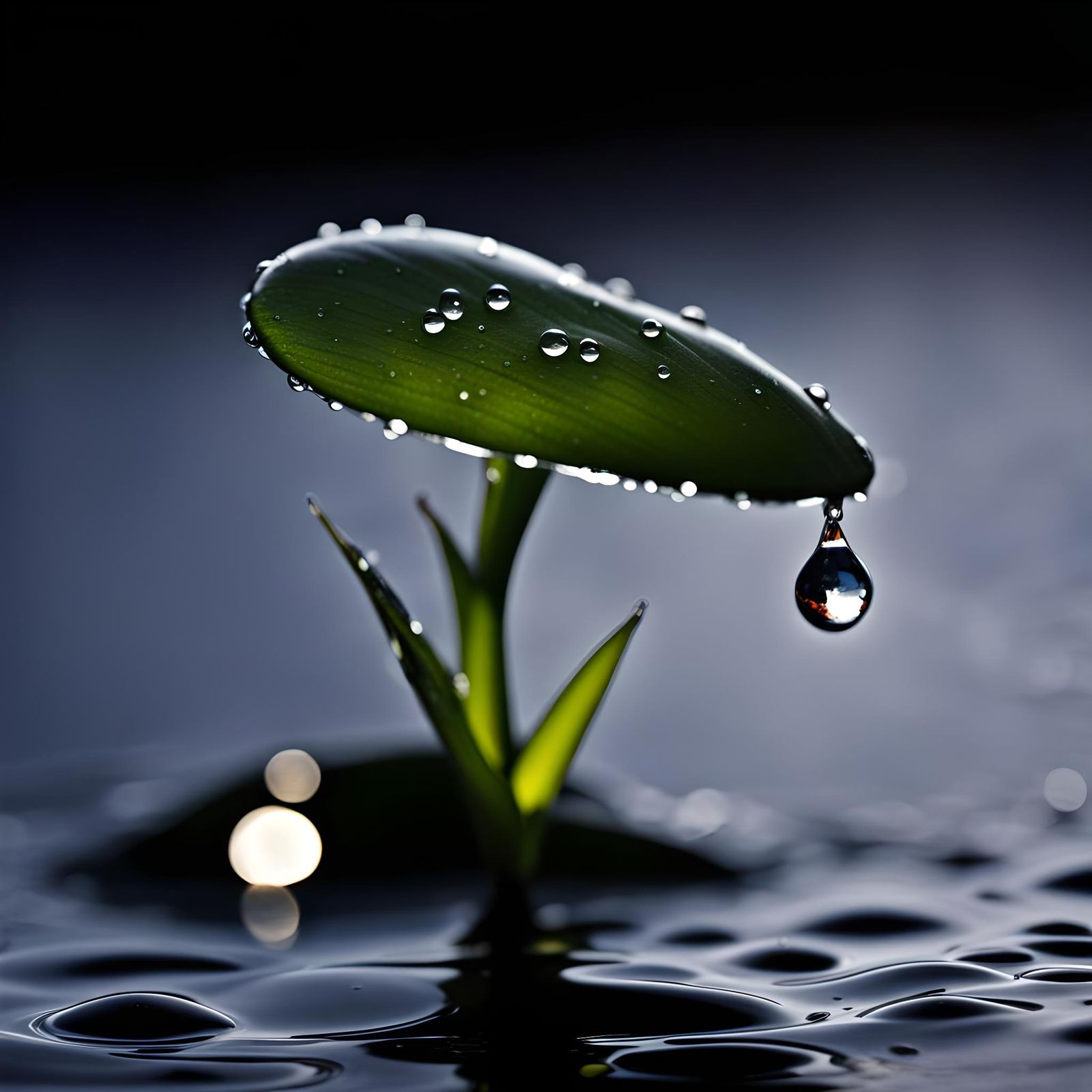 Dewdrop Reflects Light in Dark Ocean
