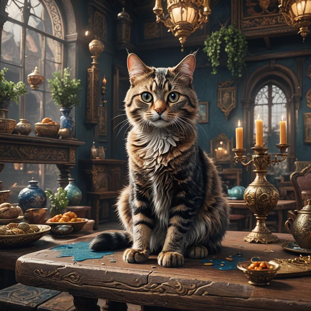 Cat on Table: Detailed Matte Painting in Fantasy Style