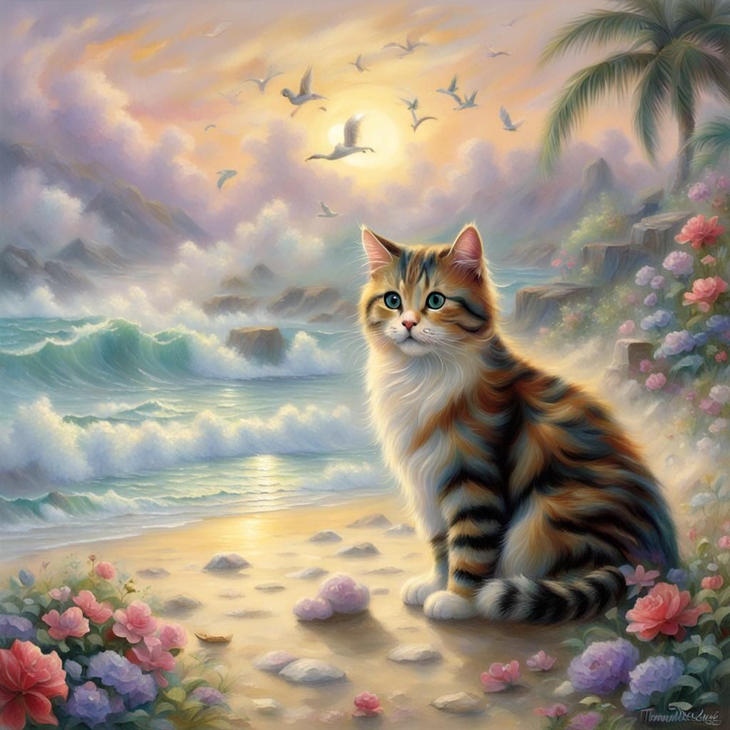 Cute Cat Relaxing on a Misty Beach
