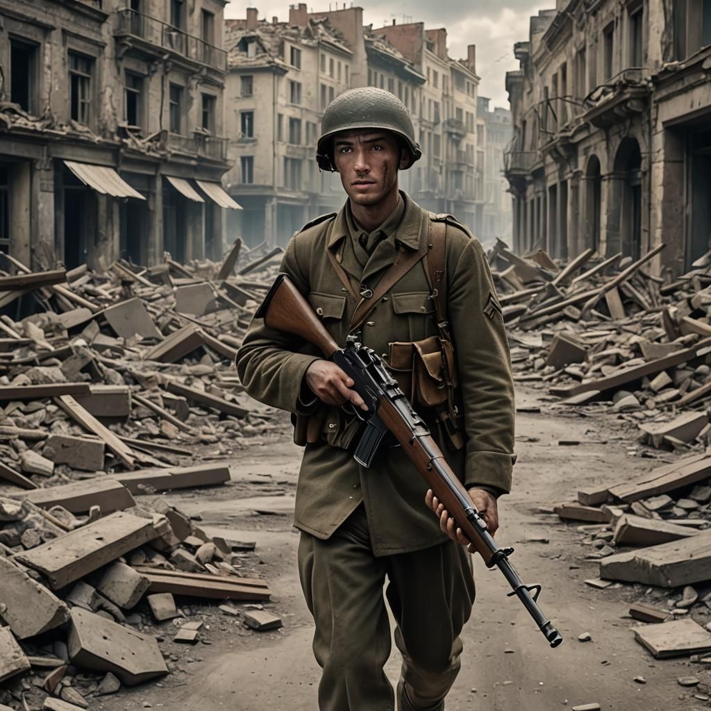 WWII Soldier Patrolling Devastated City in Cinematic Style