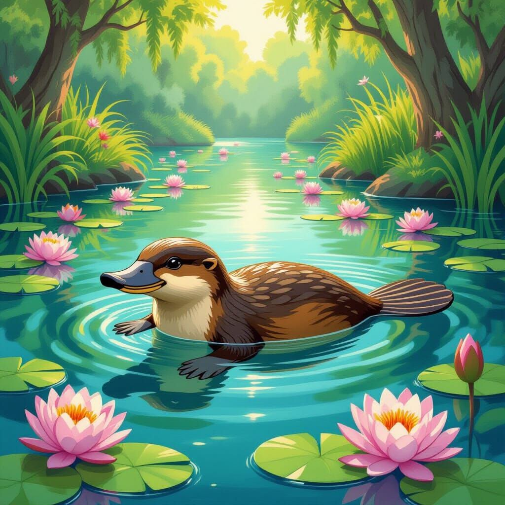 Platypus in Pond, Blending Realism and Fantasy