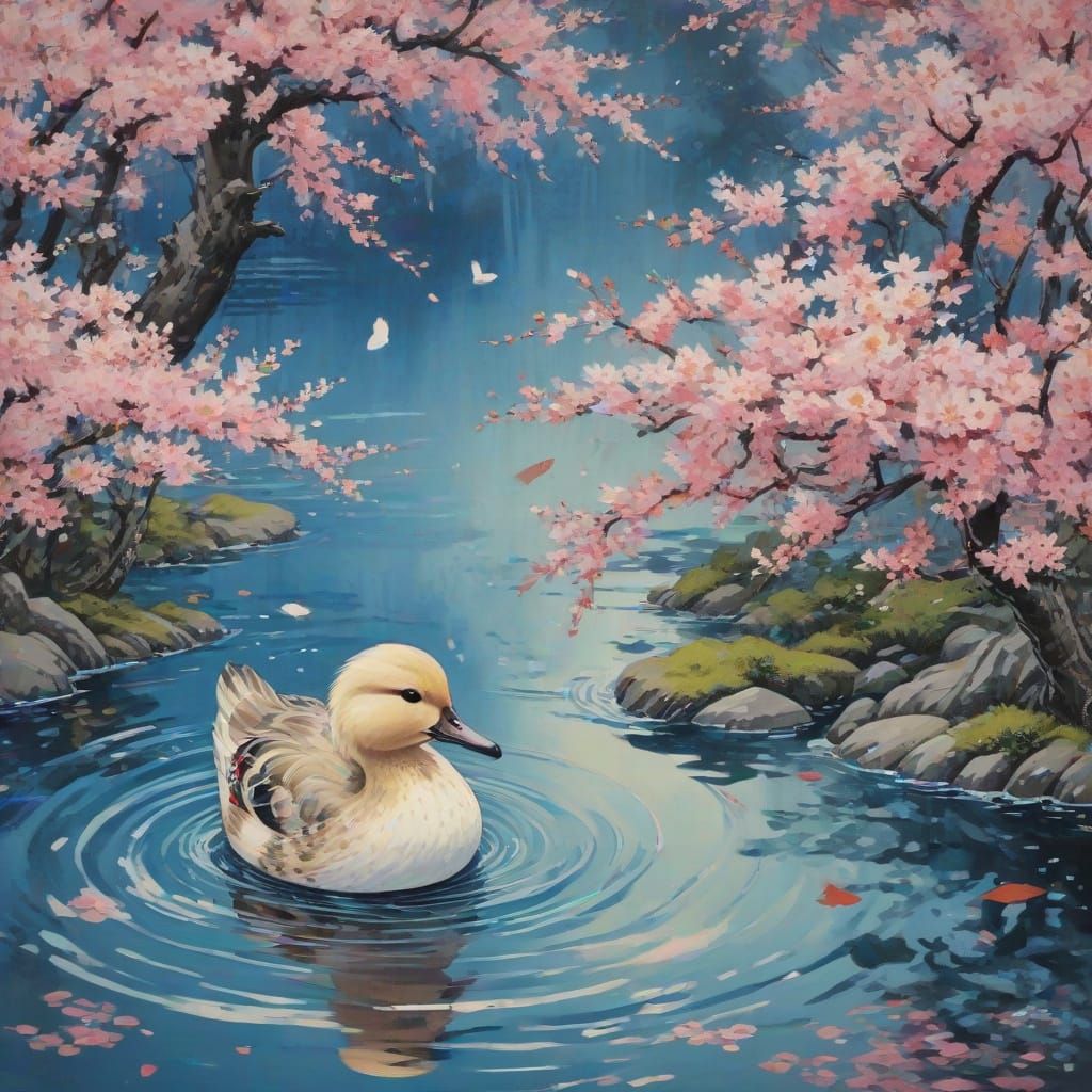 Vibrant Cherry Blossom Scene in Stylized Japanese Art