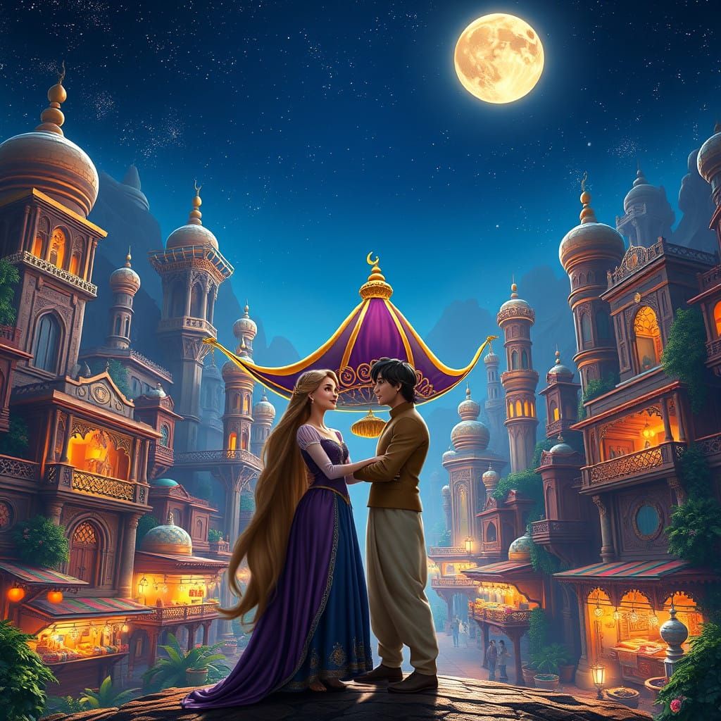 Majestic Middle Eastern Duo with Glowing Magic Carpet