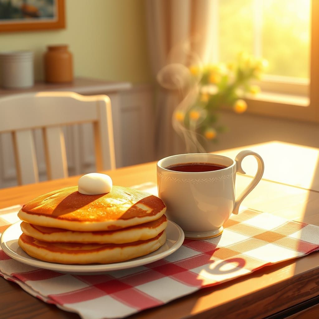 Cozy Breakfast Scene: Coffee & Pancakes in Golden Light