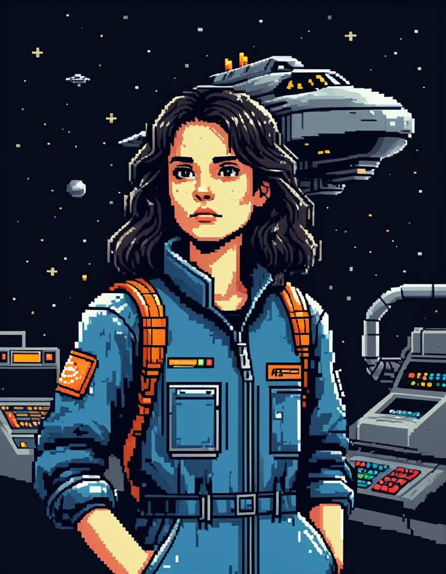 8-Bit Spaceship Mechanic in Cassette Futurism Style