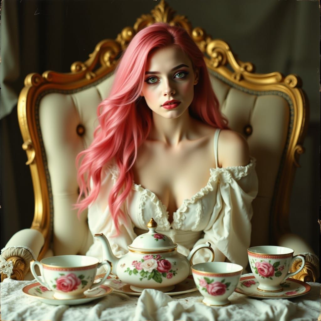 Rococo Woman with Pink Hair and Green Eyes