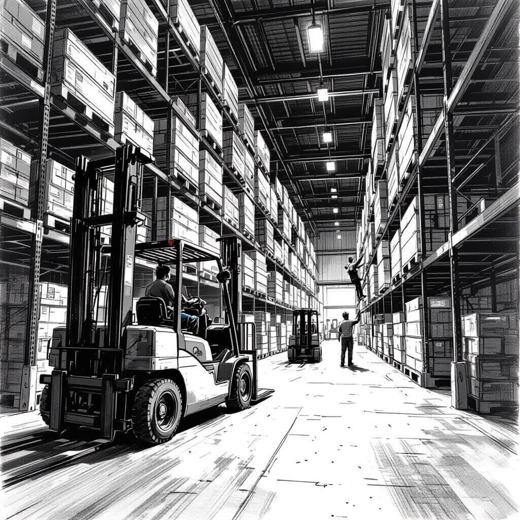 Warehouse Interior: Black and White Pencil Sketch