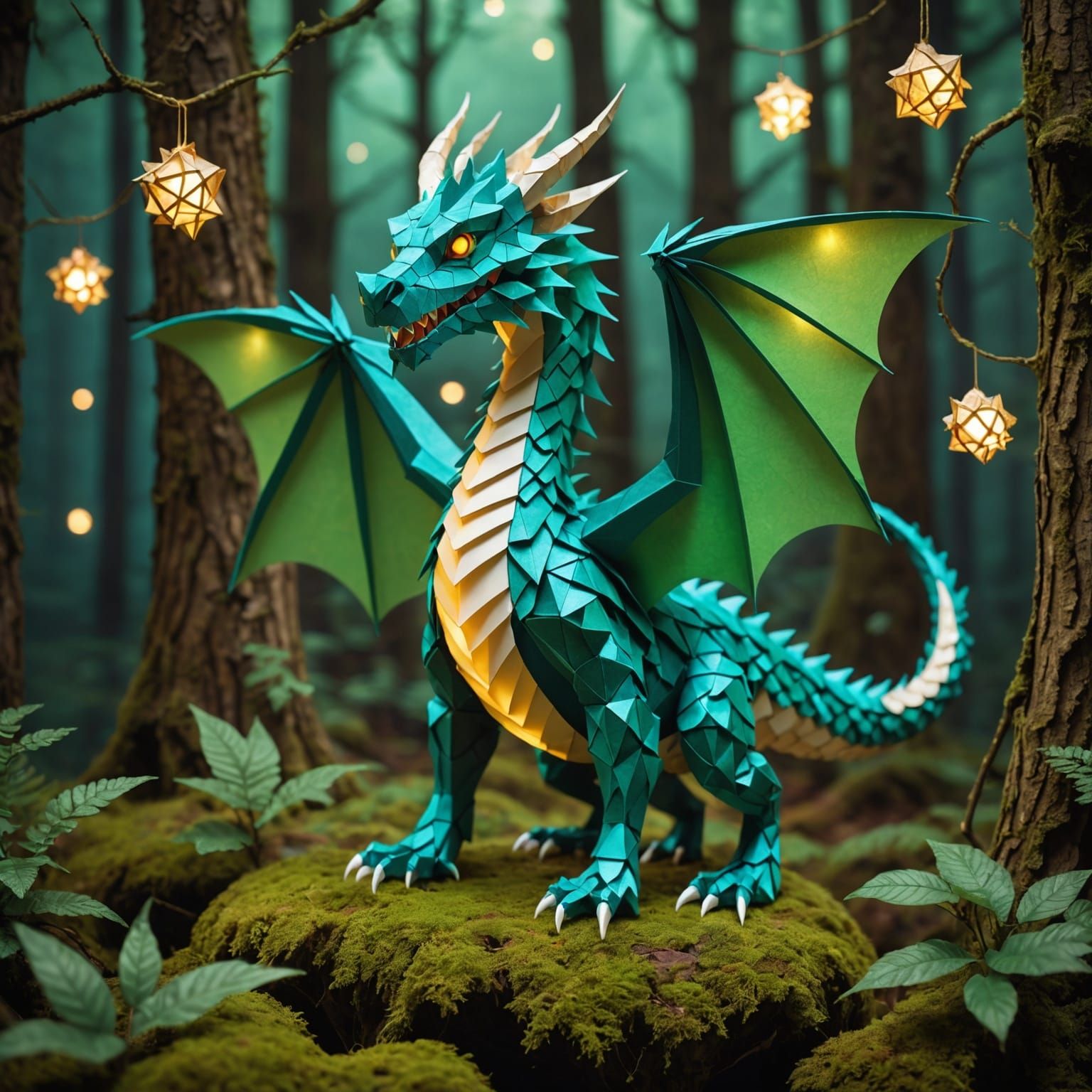 Emerald Origami Dragon Dances in Mystical Forest