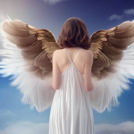 Female Angel with Feather Wings in Rainbow Sky