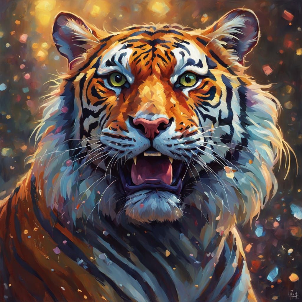 Regal Tiger Queen Radiates Joy in Vibrant Portrait