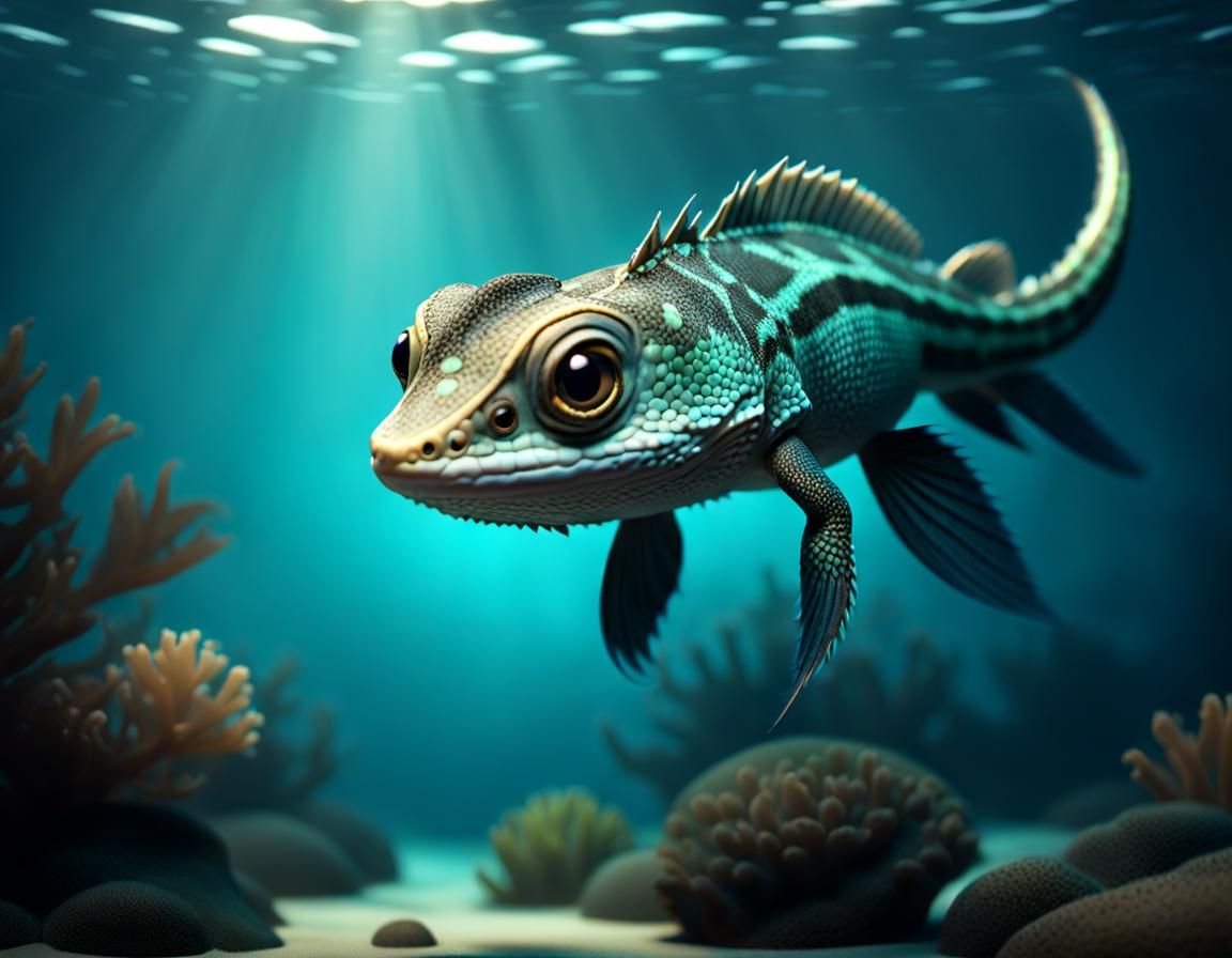 Cute Chibi Highfin Lizard Fish in Deep Water