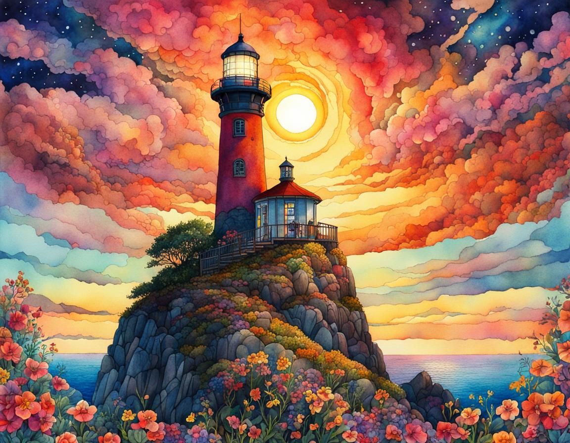Lighthouse on a Steep Flowering Cliff
