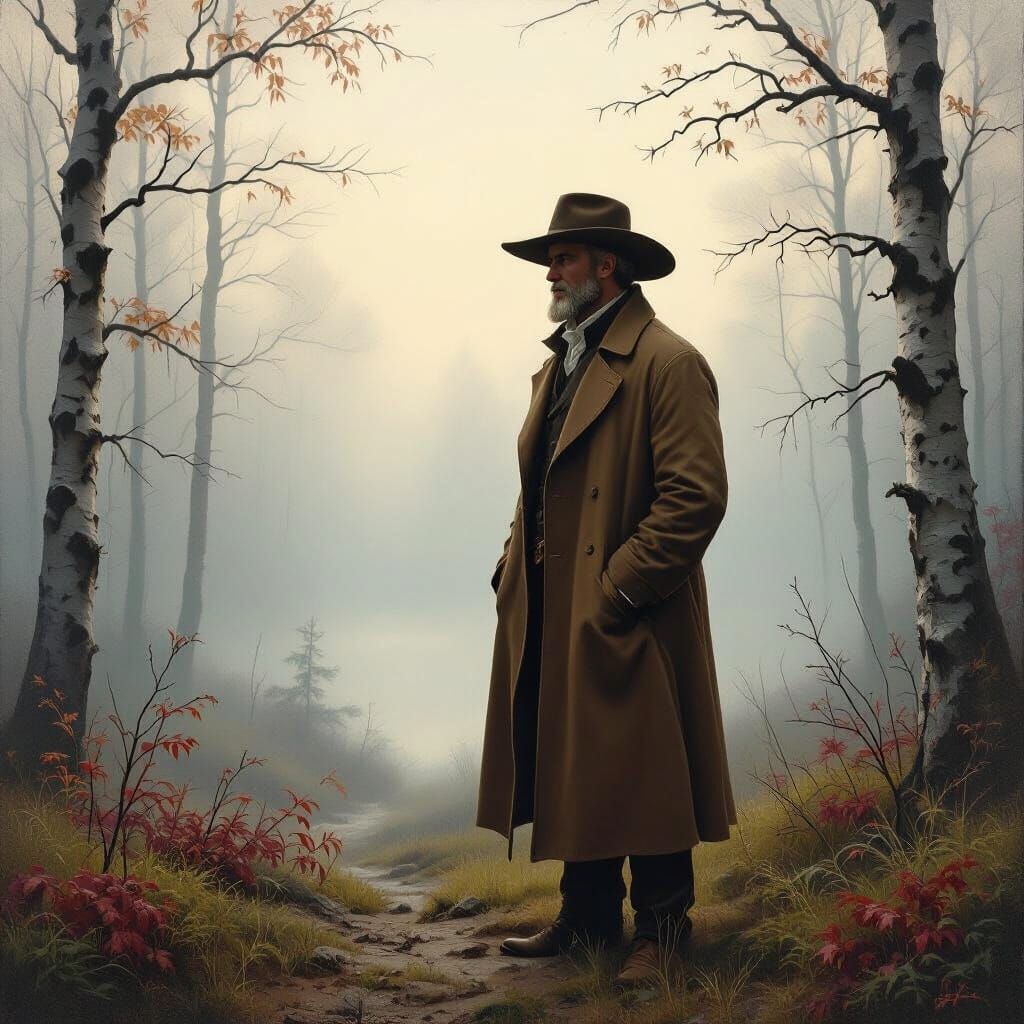 Man in Misty Forest: Atmospheric Landscape Painting