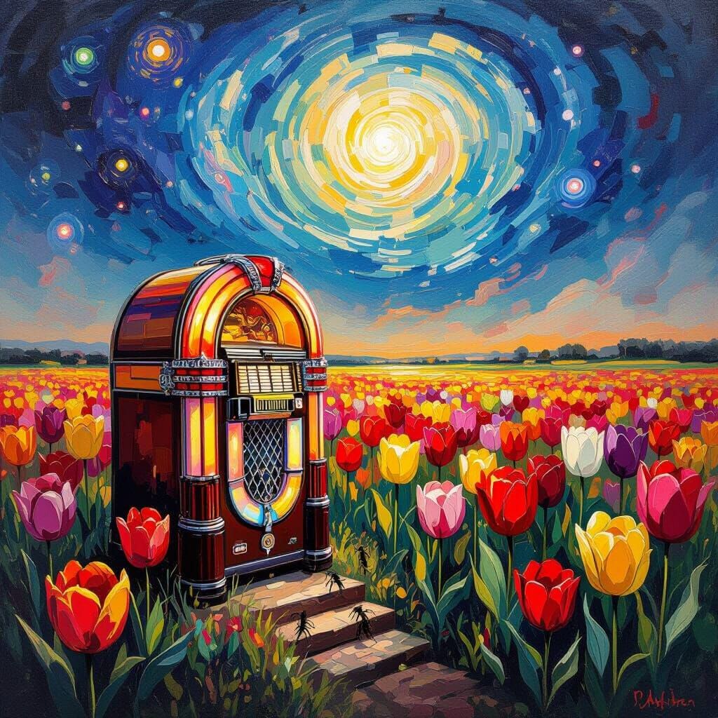 Antique Jukebox Amidst Giant Tulips Under Nebula Sky