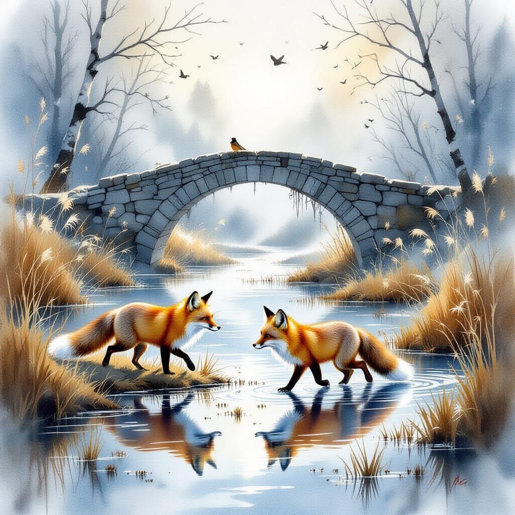 Fox in Marsh: Watercolor with Cinematic Lighting